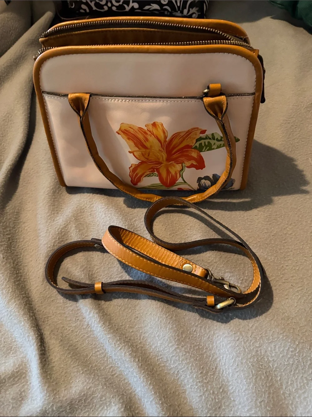Patricia Nash Cream Satchel with Floral Print and Tan Handles